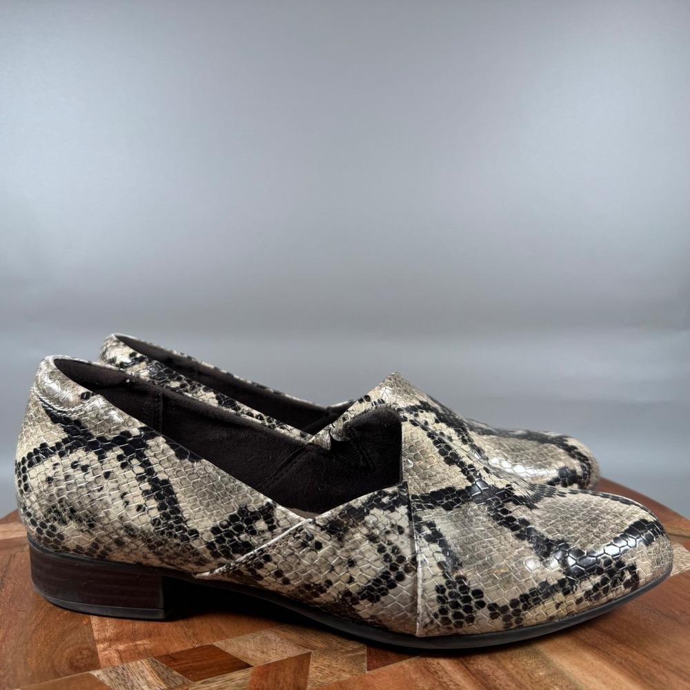 Clarks Juliet Lora Snake Print Leather Loafers Grey Black‎ Womens 8 M